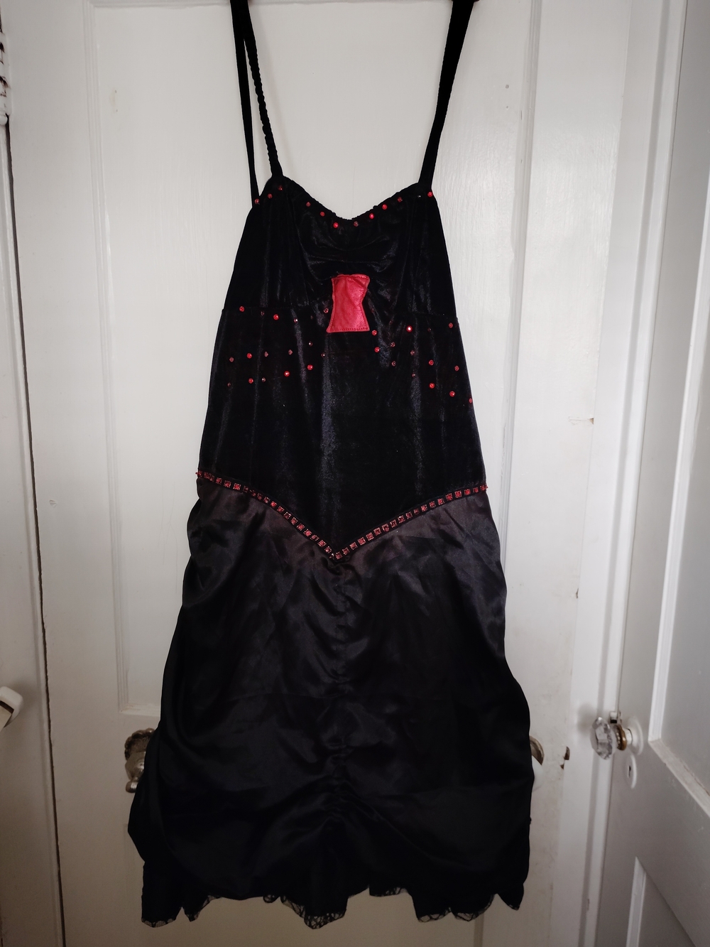 Gothic Black Velvet/Satin Costume Dress W/ Red Stones Victorian Vampire XL/XXL